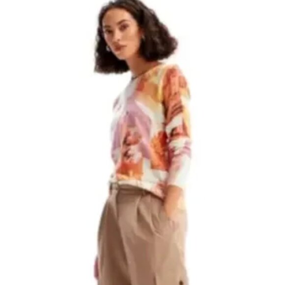 DESIGUAL Long-Sleeve Pullover•Fine Gauge Knit•Linen Blend•Floral Collage•Medium• - Picture 2 of 8